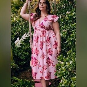 Eloquii Pink Midi Dress with Ruffled Tie Front and Flutter Sleeves